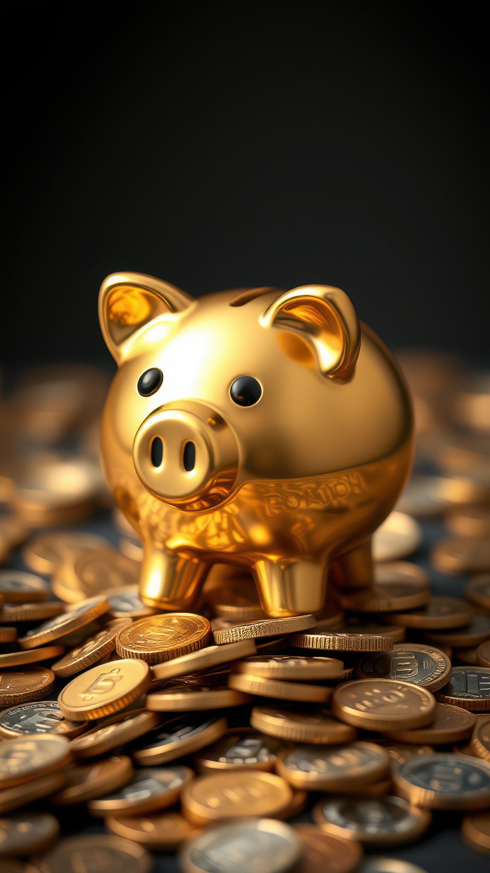 Golden piggy bank surrounded by shiny coins symbolizes wealth and savings